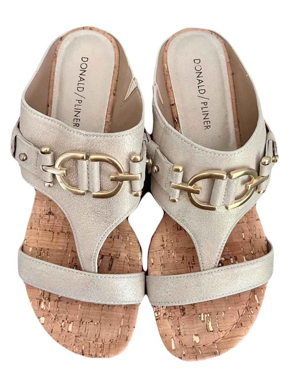 Donald Pliner Champagne Beige Metallic Leatger ‘Dayna’ Wedge Sandals, Size 8
